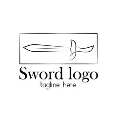 Sword logo template. Line art sword vector illustration. Sword emblem brand identity. Warrior identity badge design.