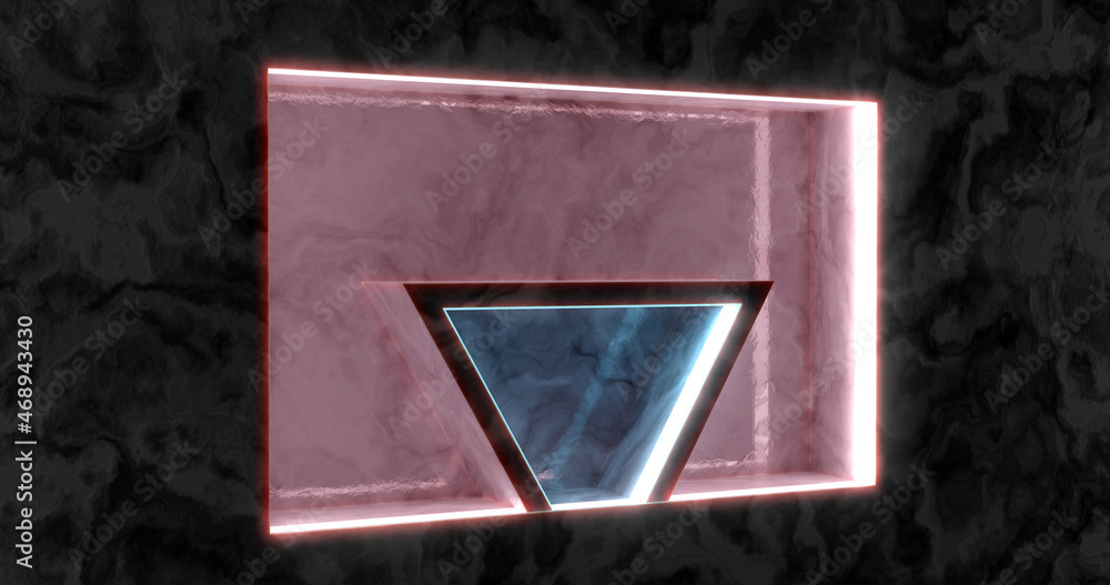 Poster 3d rendering. a marble wall with a niche and chambers in it, illuminated with neon light.