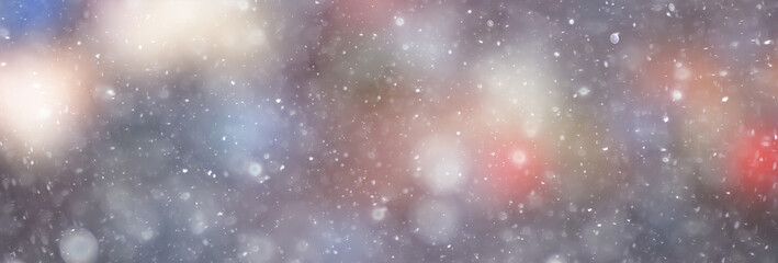 colorful background snow snowfall evening christmas lights, soft light blurry