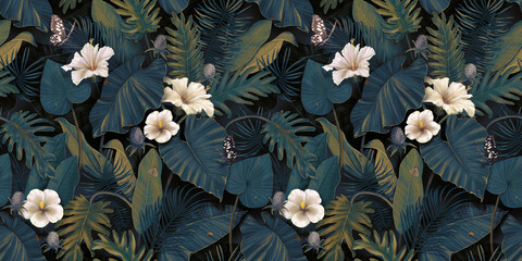 Tropical exotic seamless pattern with white flowers in tropical leaves. Hand-drawn 3D illustration. Good for design wallpapers, fabric printing, wrapping paper, cloth, notebook covers. - obrazy, fototapety, plakaty