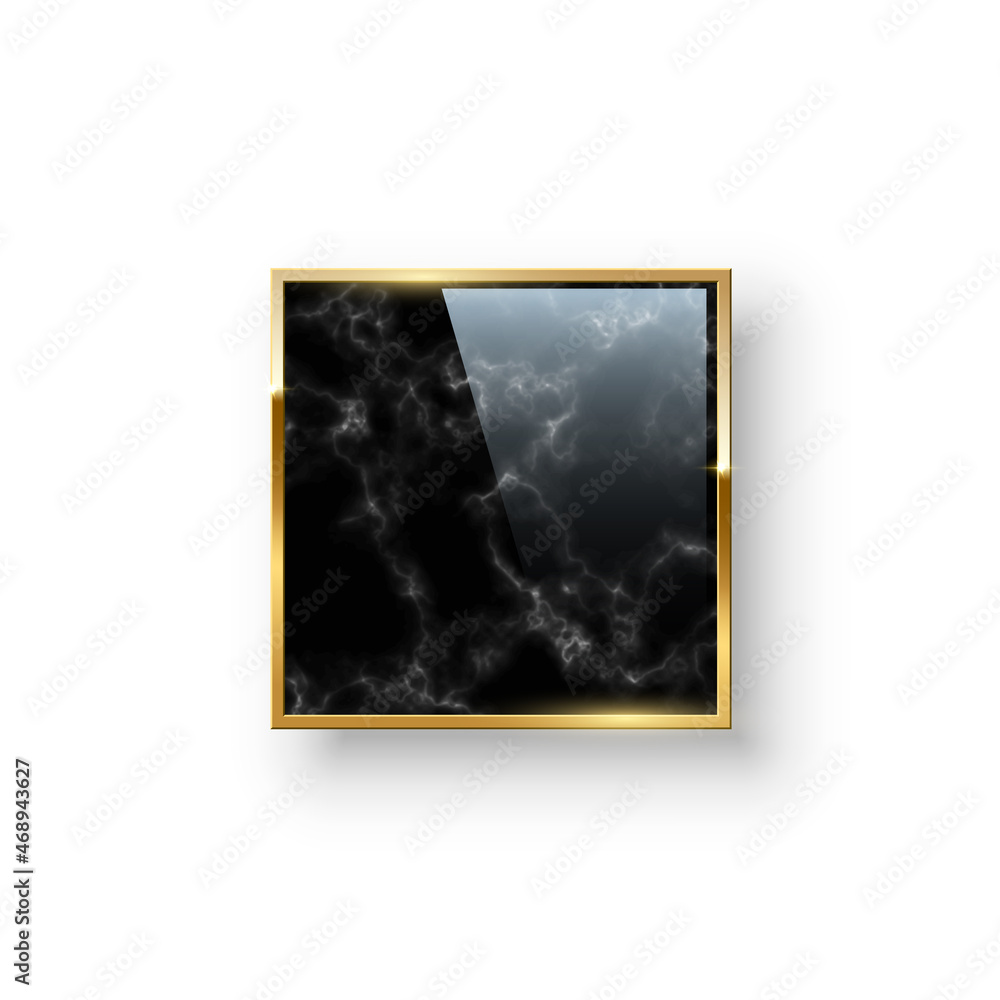 Poster golden square frame with black marble pattern inside vector illustration. realistic 3d shiny design 