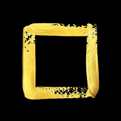 Golden brush square frame isolated on black background. Gold vector hand drawn border