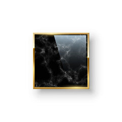 Golden square frame with black marble pattern inside vector illustration. Realistic 3d shiny design decoration with gold metal line border and glossy effect isolated on white background.