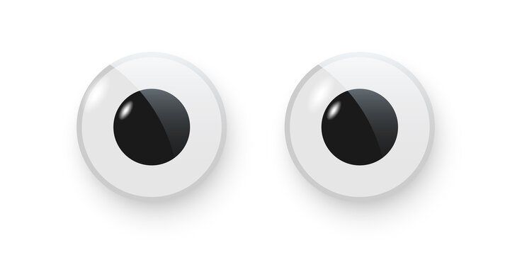 Toy eyes set vector illustration. Wobbly plastic open eyeballs of dolls looking forward. Round toy parts with black pupil isolated on white background