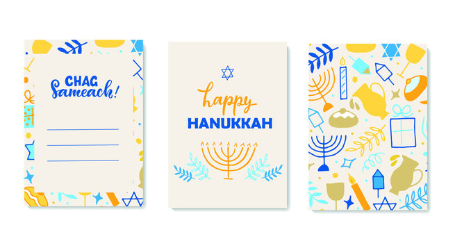Happy Hanukkah card. Set of three cards with handwritten text and Jewish holiday symbols drawing in doodle style: menorah, wreath, candles, donuts, David star, gifts, dreidel, oil. Vector illustration