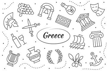 Greece related set. Vector line objects and elements collection.