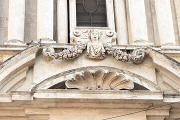 Santi Vincenzo e Anastasio a Trevi Church Facade Sculpted Detail in Rome, Italy