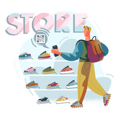 QR code payment in store, man customer holding smartphone, shopper scanning barcode