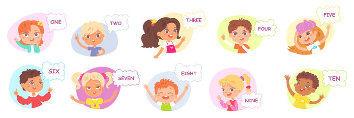 Children count on math lesson in school set, boy girl kid raising hands and fingers up