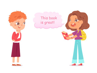 Cute kids talk, dialog about book, student girl holding book to study, talking to boy