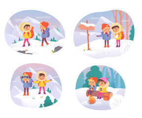 Naklejka premium Children in winter adventure, hiking to mountain camp, little boy, girl with backpacks
