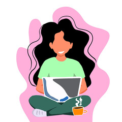 Website illustration.A white-skinned girl with a laptop Search for the site, Concept of SEO or search engine optimization.Concept illustration for working, freelancing, studying, education, website