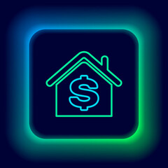 Glowing neon line House with dollar symbol icon isolated on black background. Home and money. Real estate concept. Colorful outline concept. Vector