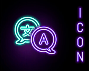 Glowing neon line Translator icon isolated on black background. Foreign language conversation icons in chat speech bubble. Translating concept. Colorful outline concept. Vector