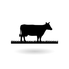 The cow is eating grass black and white silhouette icon with shadow