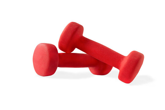 Red dumbbells for fitness on the white background