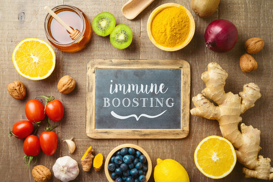 Fruits And Vegetables For Immune System Boosting. Healthy Eating Background With Copy Space.