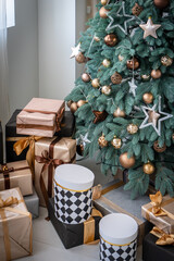 Presents under the Decorated Christmas tree. Happy new year and Christmas