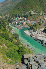 Alaknanda and Bhagirathi rivers meet and take the name Ganga at Devprayag in the state of Uttarakhand, India, and is one of the Panch Prayag (five confluences). Hindu holy place.