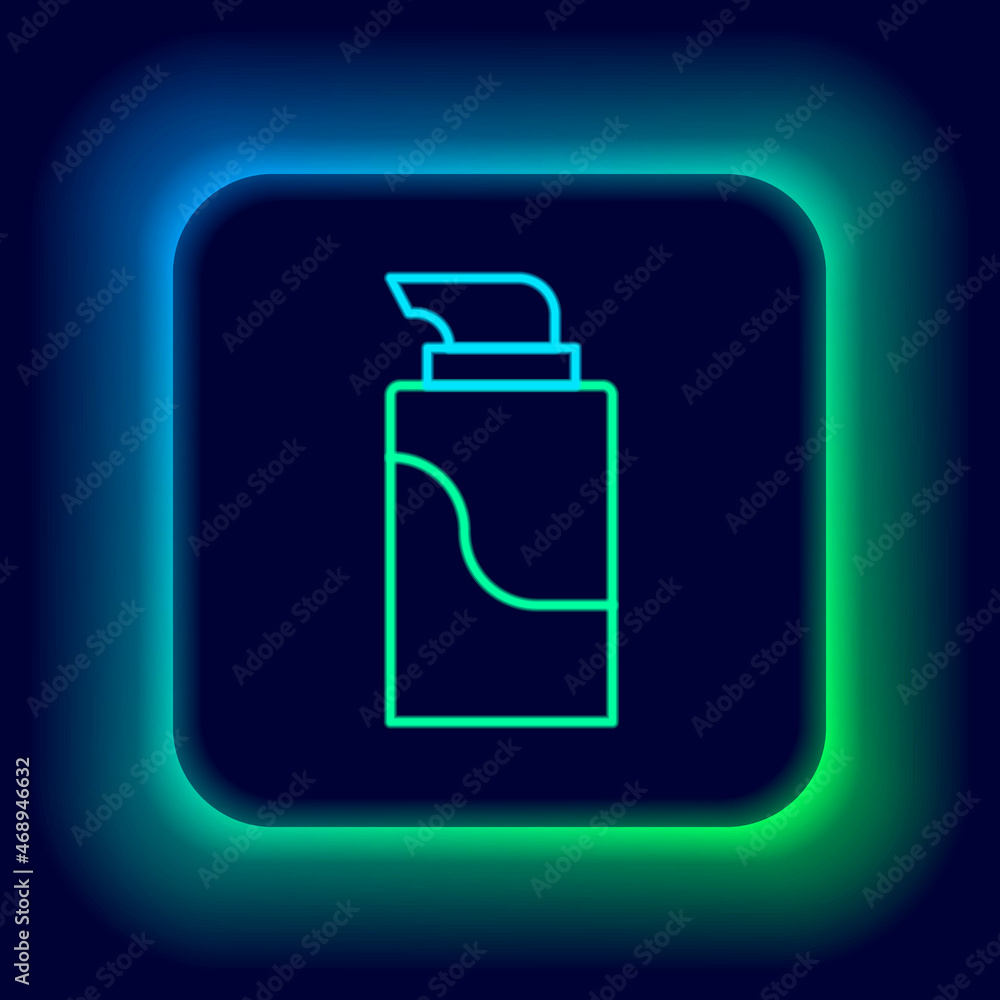 Poster glowing neon line cream or lotion cosmetic tube icon isolated on black background. body care product