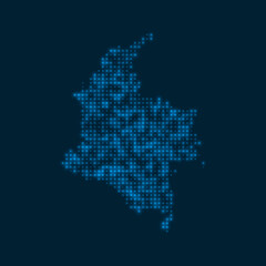 Colombia dotted glowing map. Shape of the country with blue bright bulbs. Vector illustration.