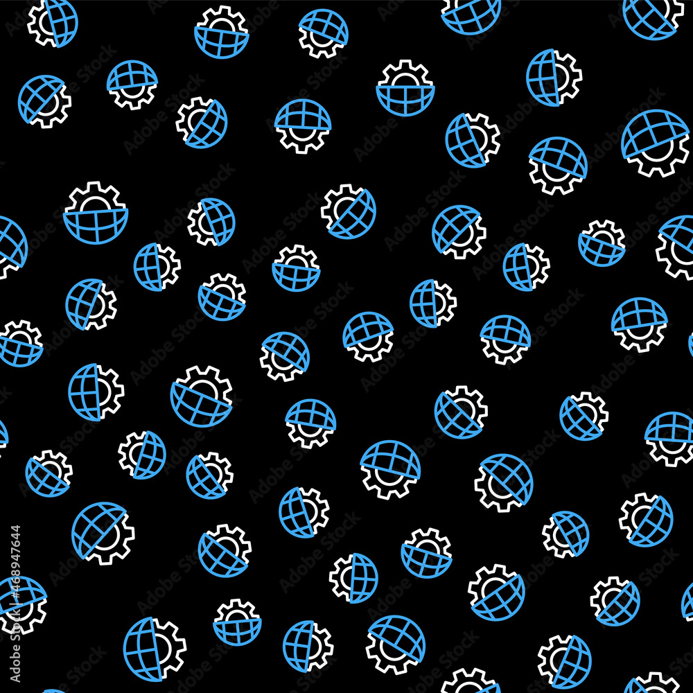 Poster line globe of the earth and gear or cog icon isolated seamless pattern on black background. setting 