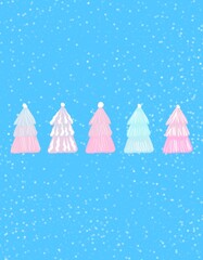 Winter card with pink Christmas trees. Abstract winter with empty place for text