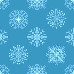 Fototapeta na wymiar Seamless winter pattern from snowflakes. Blue watercolor snow patterns.
