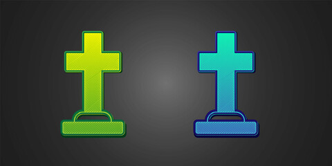 Obraz premium Green and blue Tombstone with cross icon isolated on black background. Grave icon. Happy Halloween party. Vector
