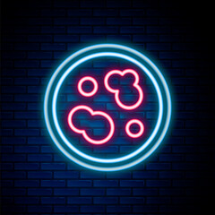 Glowing neon line Petri dish with bacteria icon isolated on brick wall background. Colorful outline concept. Vector