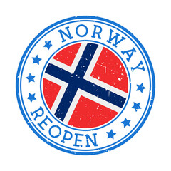 Norway Reopening Stamp. Round badge of country with flag of Norway. Reopening after lock-down sign. Vector illustration.