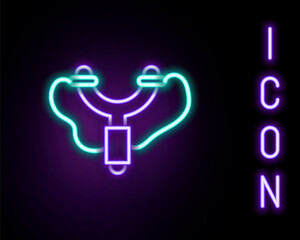 Glowing neon line Slingshot icon isolated on black background. Colorful outline concept. Vector
