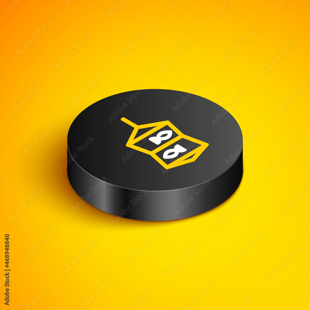 Poster isometric line fishing net with fish icon isolated on yellow background. black circle button. vector