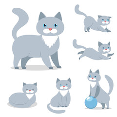 Fototapeta na wymiar grey cat in various situations vector illustration