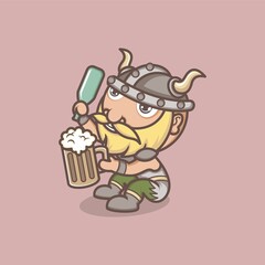 cute cartoon viking character enjoying beer. vector illustration for mascot logo or sticker