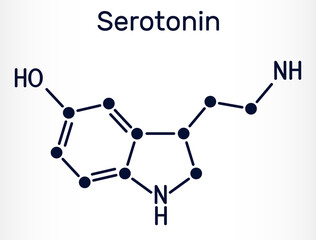 Serotonin molecule. It is monoamine neurotransmitter, neuromodulator, medication. Skeletal chemical formula