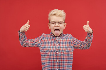 Emotions, good mood, vision test, health project. Happy child shows tongue and thumb up gesture. Portrait of a boy in a plaid shirt and glasses. Back to school.