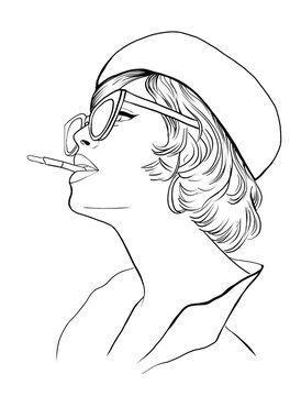 Girl with a cigarette. A woman with short hair in a beret and white shirt. French retro style. Portrait of a woman in profile. Illustration