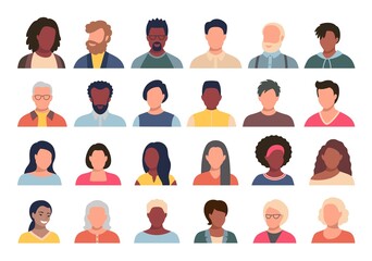 Set of persons, avatars, people heads of different ethnicity and age in flat style. Multi nationality social networks people faces collection. - 468949826