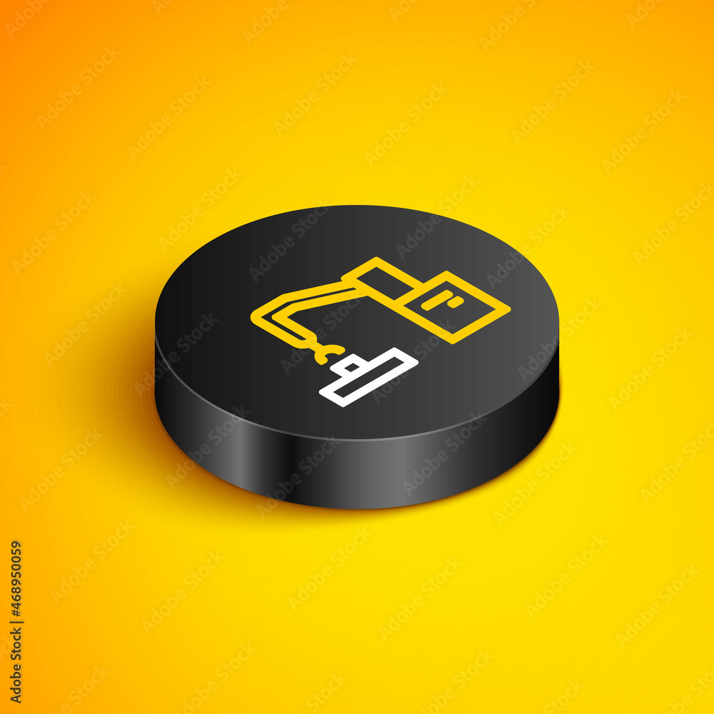 Poster isometric line industrial machine robotic robot arm hand factory icon isolated on yellow background.