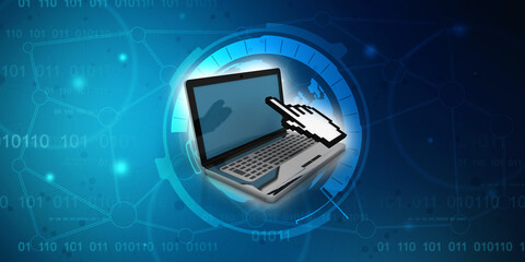 3d rendering Laptop with hand courser