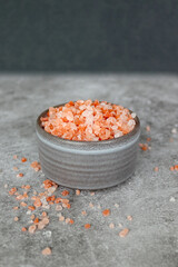 Pink himalayan rock coarse salt in a gray boel on gray background