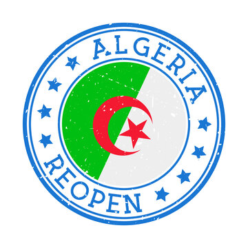 Algeria Reopening Stamp. Round badge of country with flag of Algeria. Reopening after lock-down sign. Vector illustration.