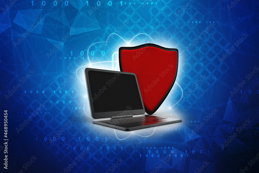 Poster 3d rendering laptop with shield