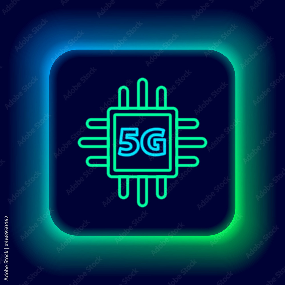 Poster glowing neon line computer processor 5g with microcircuits cpu icon isolated on black background. ch