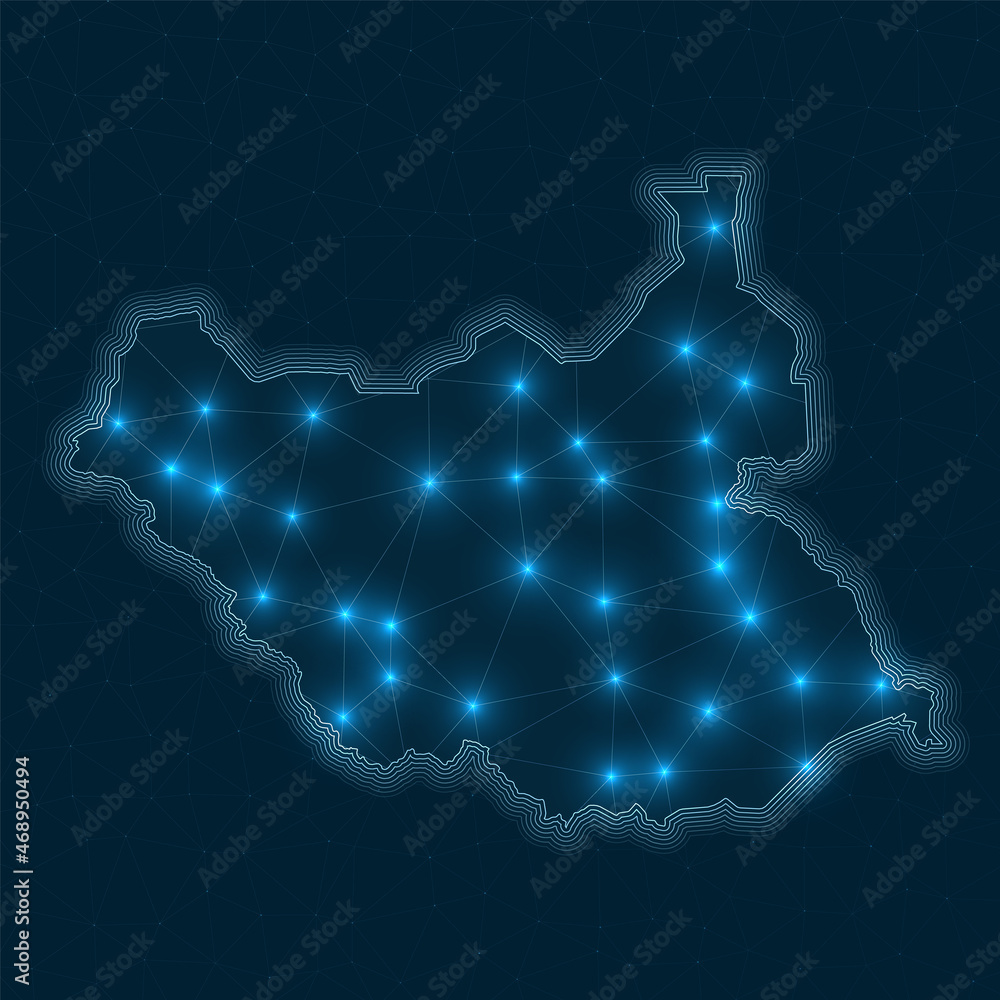 Poster south sudan network map. abstract geometric map of the country. digital connections and telecommunic