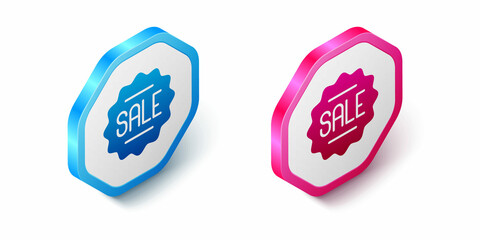 Isometric Price tag with an inscription Sale icon isolated on white background. Badge for price. Promo tag discount. Hexagon button. Vector
