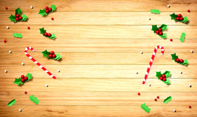Obraz premium Christmas holly berries - Paper craft - flat lay