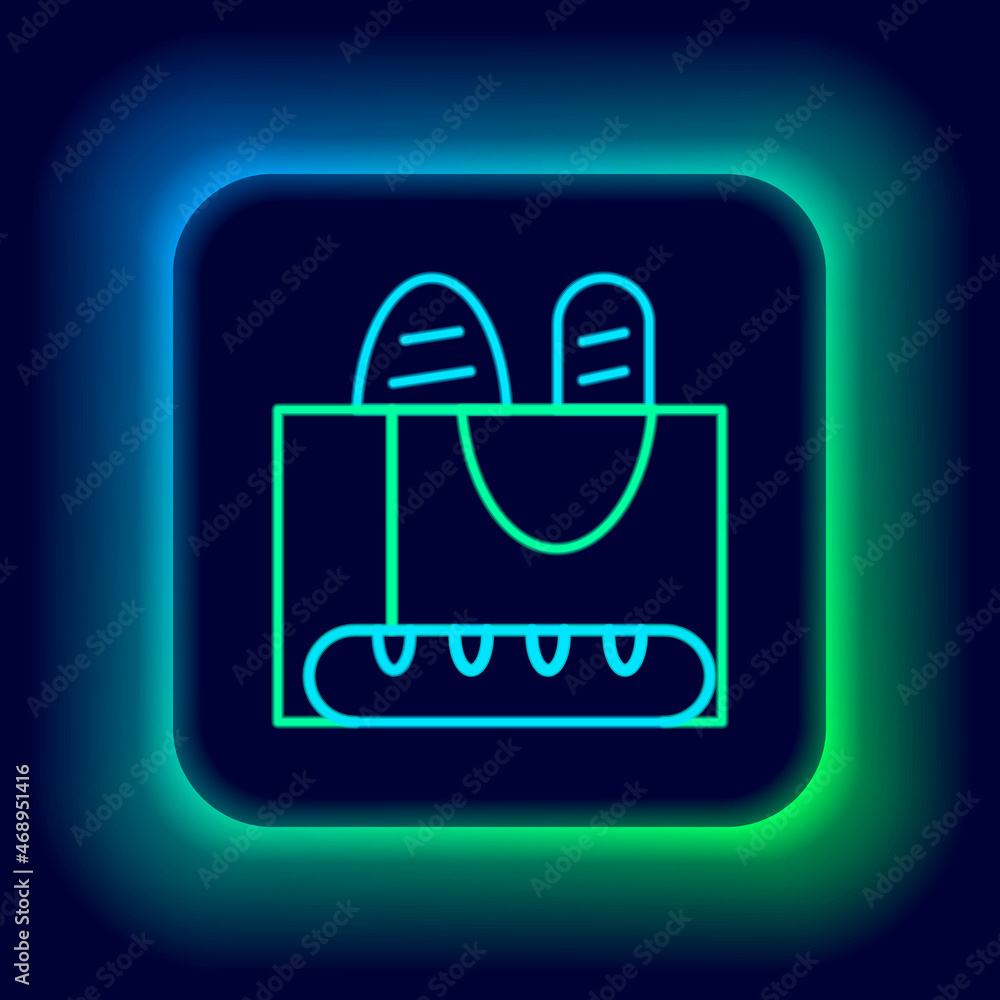 Wall mural Glowing neon line French baguette bread icon isolated on black background. Colorful outline concept. Vector