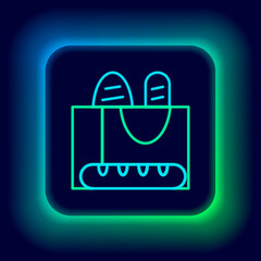 Glowing neon line French baguette bread icon isolated on black background. Colorful outline concept. Vector